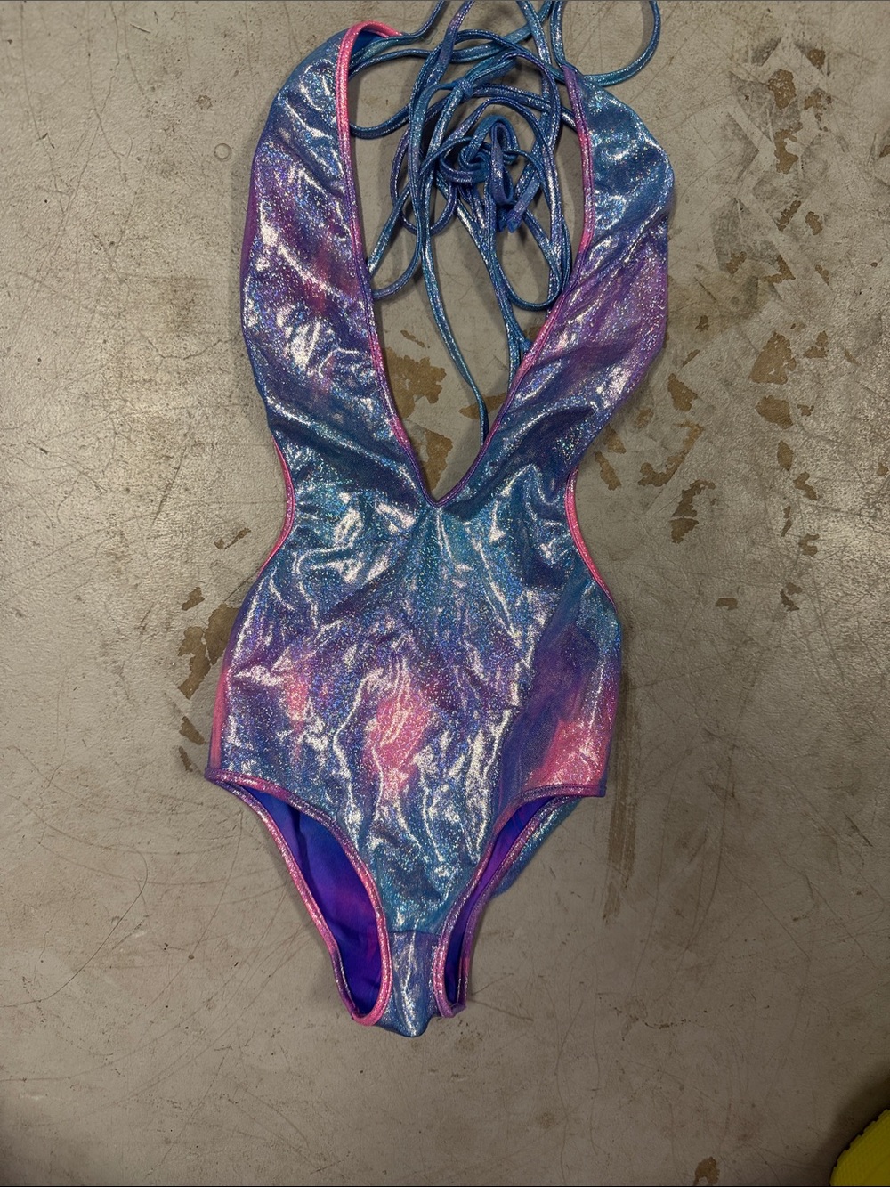 Shimmery Blue-Pink One Piece Swimsuit NWOT Open Low Front Stringy Back - Medium